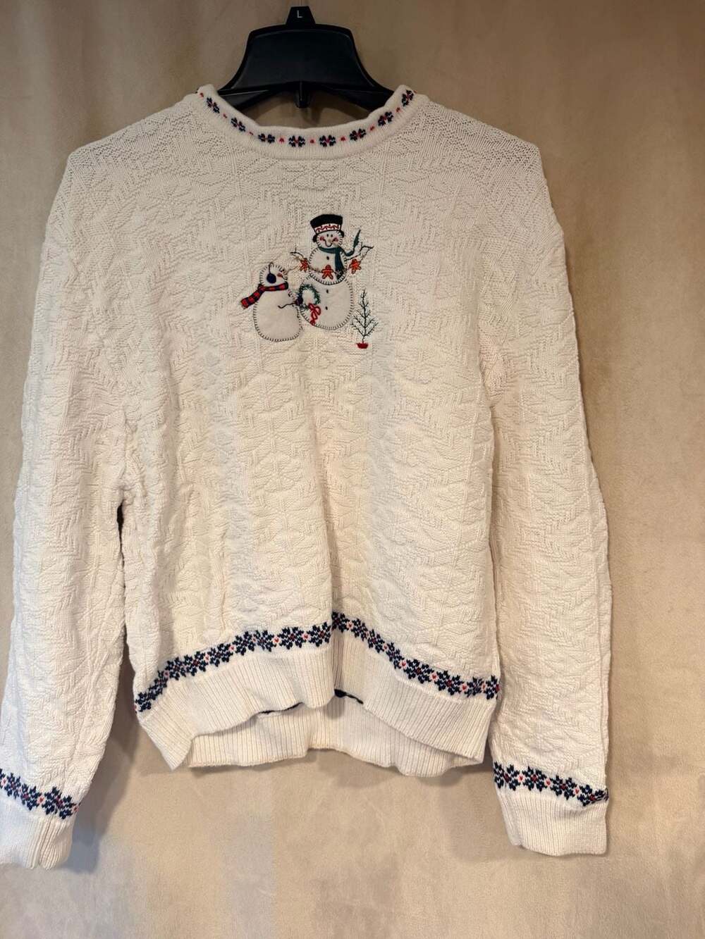 Cabelas Snowman Sweater Size XL White Embroidered Holiday Cotton